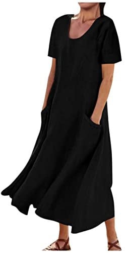 Linen Dresses for Women UK Clearance 2024 Summer Short Sleeve Long Maxi Dress Round Neck Tshirt Tunic Dresses Loose Flowy Beach Sundress with Pockets