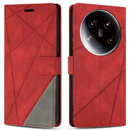 SONWO Cover per Xiaomi 14 Ultra, Flip Caso in PU Pelle Case Cover Custodia con Slot per Schede e Supporto Stand per Xiaomi 14 Ultra, Rosso
