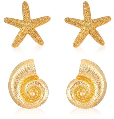 1 par de pendientes de caracola, 1 par de pendientes de estrella de mar, pendientes personalizados, pendientes de caracola colgantes, pendientes de estrella de mar, pendientes de oro para mujer