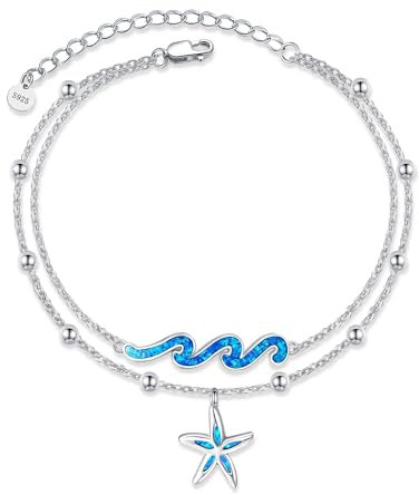 DAYLINLOVE Starfish Wave Anklet Sterling Silver Blue Opal Starfish Wave Layered Anklet Ocean Wave Jewelry for Women