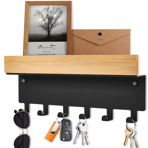 TINIFO Schlüsselbrett Holz mit Ablage – Schlüsselhalter Wand Schwarz, Modern Schlüsselablage mit 6 Haken für Flur Küche, Eingangsbereich