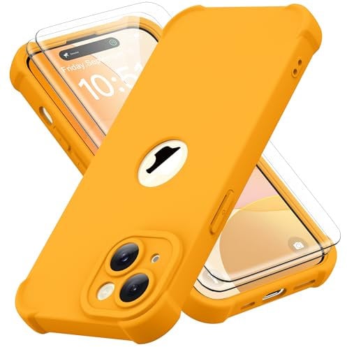 ORETECH für iPhone 15 Hülle, mit 2 Stück Schutzfolie, 360 Grad Ganzkörper Stoßfest Kratzfest Silikon Handyhülle für iPhone 15 6,1 Zoll,Gelb