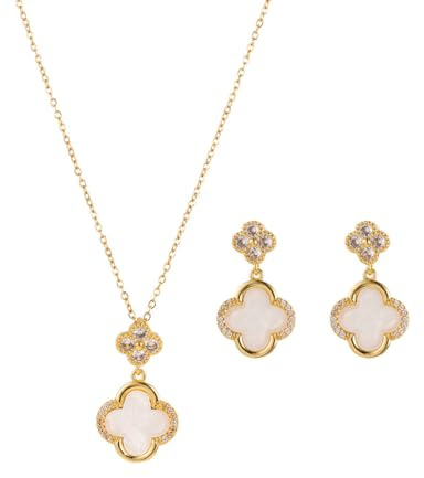 AOWVUTS Four-Leaf Clover Jewellery Set for Women Girls 18K Rose Gold Plated Good Luck Pendant Necklace Stud Earrings Jewellery Set Cubic Zirconia Clover Jewelry Gifts
