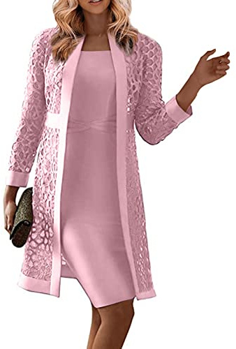 FUPODD Abendkleider Für Hochzeit Knielang Mit Jacke 2 Teilig Brautmutterkleider Frauen Elegant Für Hochzeitsgast Lang Zweiteiler Festliche Damen Outfit Ink. Kleid Ärmellos Und Mantel Langarm Cut Out