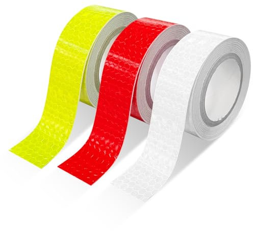Sudnsadaks 3 Rotoli/2.5cm × 4.5m Nastro Catarifrangente Adesivo, Riflettente Autoadesivo Rosso Giallo Bianco Nastro Riflettente per Guida Notturna, Visibilità Notturna Nastro Adesivo di Avvertimento