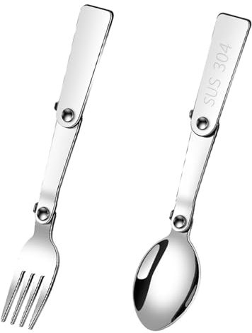 2 Pcs Portable Folding Spoon and Fork Set, 304 Stainless Steel Travel Utensils for Outdoor, Camping, Hiking, Picnic, and Survival