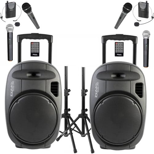 Ibiza - Pack de 2 altavoces portátiles Bluetooth USB PORT15VHF-MKII-TWS 800W 6 micrófonos - Par de soportes para altavoces SS01B-MINI