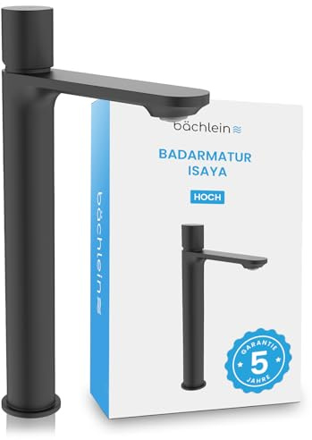 Bächlein Badarmatur Isaya hoch in modernem Design, extra hoher Einhebelmischer mit langlebiger Keramikkartusche und Montage-Set, Bad Wasserhahn Schwarz Matt