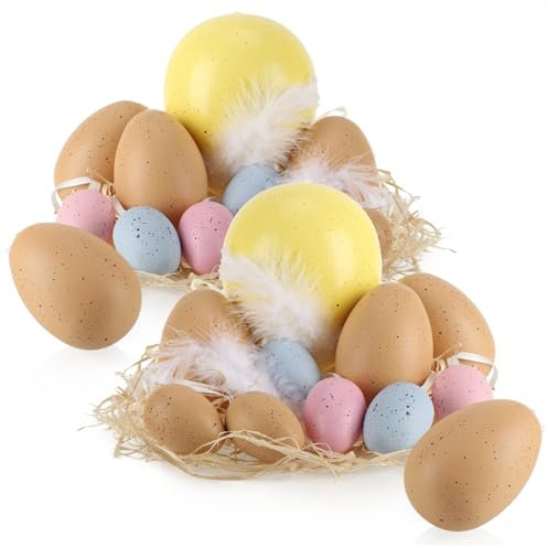 com-four® 22-teiliges Ostereier-Set - Deko-Ostereier in 3 Größen zum Anhängen - bunte Hängedeko für Ostern - Dekoration für Strauch und Osterkorb mit Federn und Stroh (22 Stück - Gelb/Rosa/Blau/Beige)