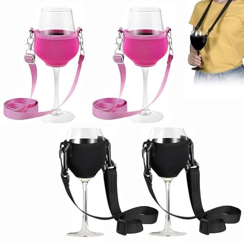 4 Stück Weinhalter zum Umhängen, Weinglashalter zum Umhängen, Wine Glass Holder Weinglas Hängebecher für Weinliebhaber zur Hochzeit (Schwarz/Rosenrot)
