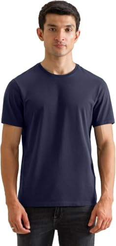 Mens Dark Navy Premium Cotton Stretch T-Shirt, Smart Fit, Crew Neck, Half Sleeves, Anti-Pilling, Soft and Breathable Casual Essential Tee