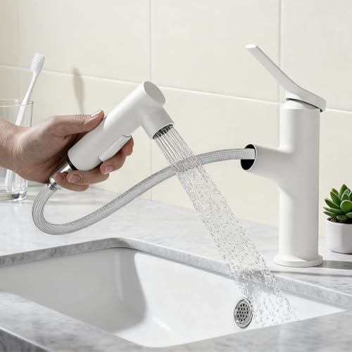 Ausziehbarer Wasserhahn Bad Schwarz, Einhebelmischer Waschbecken, Wasserhahn Bad Armatur, Einhebelmischer Mischbatterie mit 3 Modus Brause Ausziehbar, Waschbecken Armaturen für Badezimmer (Weiß)