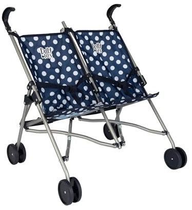 Dolly Tots Zwillingskinderwagen, Doppel-Kinderwagen, Marineblau, Tandem-Kinderwagen für Kinder, Babypuppe, Spielzeug, Regenschirm, zusammenklappbarer Kinderwagen, Rollenspiel, Spielzeug, Puppen, Buggy