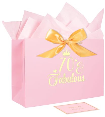 70th Birthday Gift Bag, Large Pink Gift Bag with Card and Paper Wrapping, 70th Birthday Gifts for Women for Birthdays, Valentine's Day, Party Favors, Anniversary