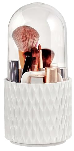 Terafeels Make Up Kosmetik Organizer, 360 drehbarer Make-up-Pinselhalter, Organizer, transparent, staubdicht 11x23cm（Weiß B）