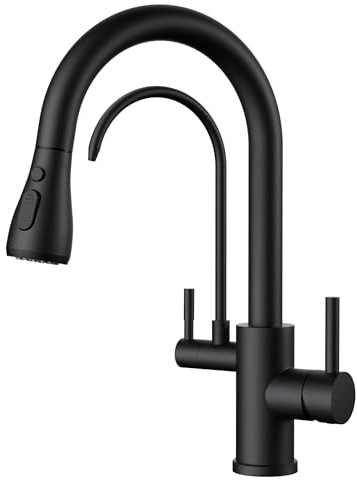FORIOUS Rubinetto Lavello Cucina, Miscelatore a tre vie, Girevole a 360° Rubinetto Cucina con Doccetta Estraibile e Filtro Dell'acqua, Miscelatore a doppia maniglia, Nero Opaco