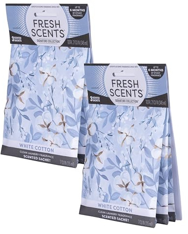 Fresh Scents Scented Sachets | White Cotton |Home Fragrance | Long Lasting (Up to 6 Months) | Air Freshener for Closets, Drawers, & Cars | 6 Pack