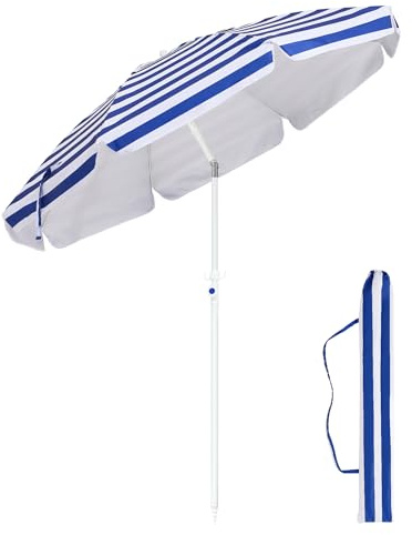 Palawano 1.6M Sonnenschirm UV Schutz Strandschirm UPF 50+ mit Sandschraube | Outdoor Strand Sonnenschirm mit Kurbel für Balkon, Strand & Garten, Blau-Weiße