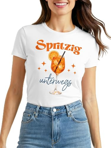 MoonWorks® Damen T-Shirt Spruch - Spritzig unterwegs - Kostümidee Mädelsabend JGA Mottoparty Fasching Karneval After Work Party