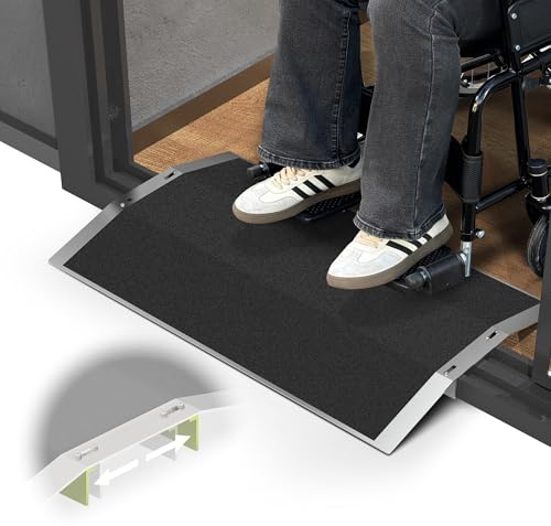 XARILK 70cm L × 4cm H Bridge Threshold Ramp for Doorways, Fits 7–13 cm Wide Thresholds with Adjustable Support Bars, Non-Slip Aluminum Wheelchair Ramp for Home Steps, Sliding Door Ramp for Wheelchair