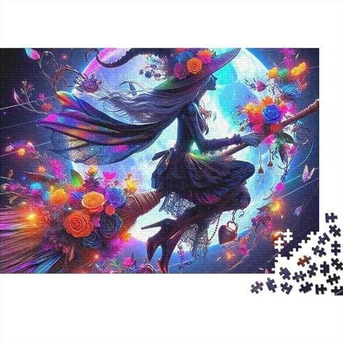 Witch 1000-Piece Jigsaw Puzzle for Adults Witch on Broom with Flowers And Moon Premium Thick Sturdy Vibrant Challenging Family Game 70x50cm/1000pcs