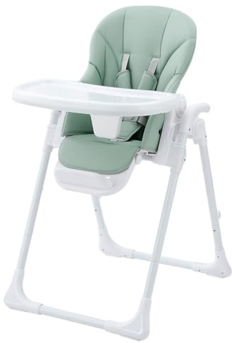 Baby Hochstuhl Klappbar & Höhenverstellbar, Komfort Kinderhochstuhl mit Liegefunktion, Faltbarer Hochstuhl mit Tablett, 5-Punkt-Gurt & Rollen, Platzsparend (Grün)