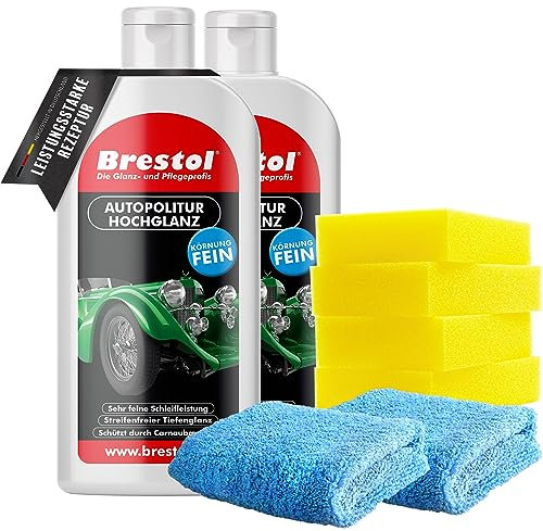 Brestol Hochglanzfinish Set2 (2X 500 ml + Zubehör) - Autopolitur Carnaubawachs Wax Hochglanzpolitur Auto Politur Hochglanz Finish