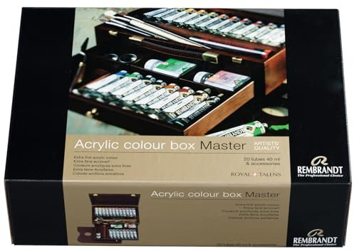 Rembrandt Set de Peinture Acrylique Professionnelle dans un Coffret en Bois de Luxe Master | 20 Tubes (40 ml) + Pinceaux et Accessoires