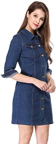 Allegra K Women's 3/4 Sleeve Button Down Denim Dress Blue M