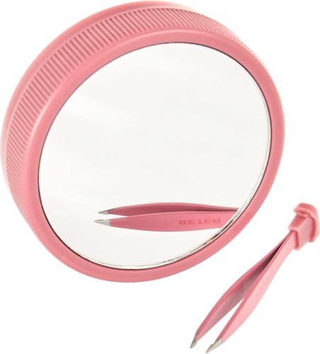 Beter – Double Magnifying Mirror x10, with led Light, Precision Tweezers Inside, Oooh Tweezers Flash Patented Design, Your Hand Mirror with Light for The Bag, Pink Color