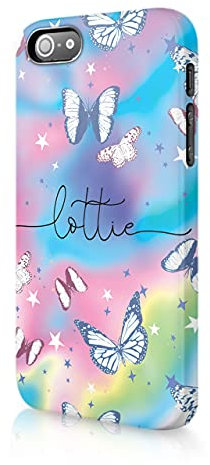 Tirita Personalised Phone Case Cover Compatible with iPhone 5 / 5s / SE 2016 [12 - Iridescent Butterflies Stars Rainbow]