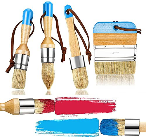 OUBESTY Chalk Paint Wax Brush Set , 4 Pcs And Natural Bristle Round Brushes DIY Painting Waxing for Wood Furniture Home Decor Upcycling Restoration Projects, Blue, L