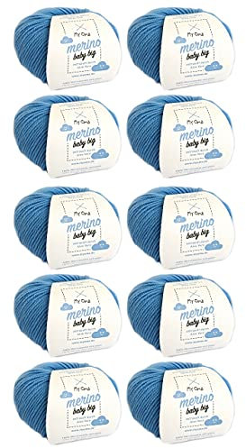 Myoma Merinowolle Baby Big Wolke (Fb 8020) - 10 Knäuel Babywolle Blau + GRATIS Label - Weiche Wolle - 100% Merino - 25g/85m - Nadelstärke 4mm