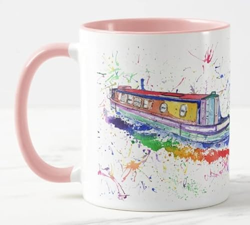 Vixar Narrowboat Canal Boat Watercolour Art Coloured Mug Cup Gift Birthday Work Office Christmas Tea Coffee (Pink)