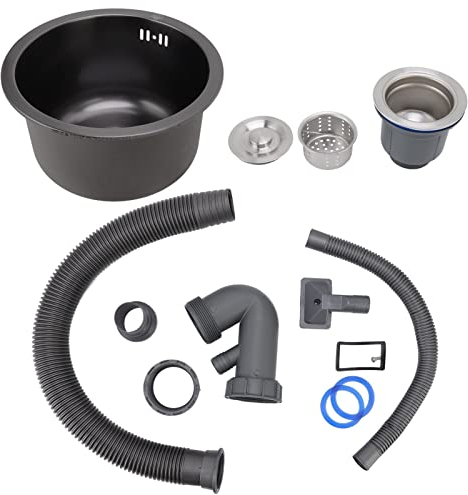 Fregadero de Barra Redonda bajo Encimera, Lavabo Redondo de Diamante Negro de una Sola Ranura con Conjunto de Desagüe Adecuado para Cocina, Electrodomésticos Y Equipos de(Nano diamante negro)