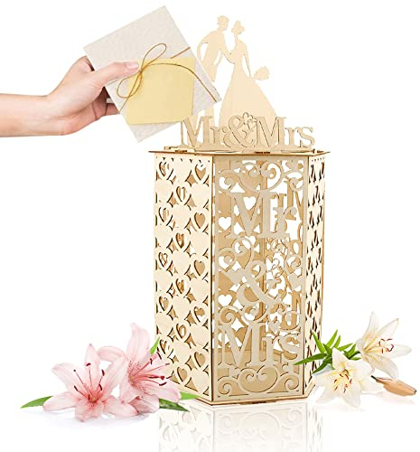 QINERSAW Scatola di Carte di Nozze in Legno Scatola per Buste Matrimonio Box Porta Buste Matrimonio Scatola per Partecipazioni di Nozze per Matrimonio (46 * 23 * 23CM)