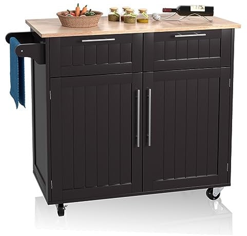COSTWAY Carrello da Cucina, Isola da Cucina con Cassetti Portaoggetti e Armadietti, Ruote Universali e Portasciugamani, Ideale per Casa Ristorante Bar (Marrone)