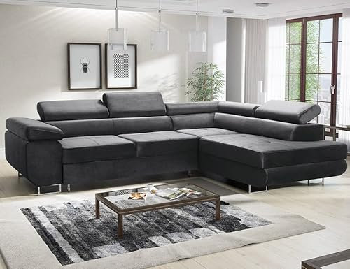 MODERNO Ecksofa mit Schlaffunktion und Bettkasten Avesta - Sofa +3 Sitzen mit Robusten Metallfüße - Schlafcouch L-Form - Modern Couch 277x203x73 cm - Ecke Rechts Velours Graphit