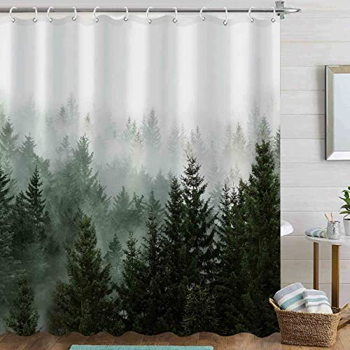 Aipon Misty Forest Duschvorhang Berg Natur Baum Duschvorhang Set Dunkelgrüner Stoff Wasserdicht Duschvorhänge für Badezimmer Dekor mit 12 Haken (Grün 1, 183 x 183 cm)