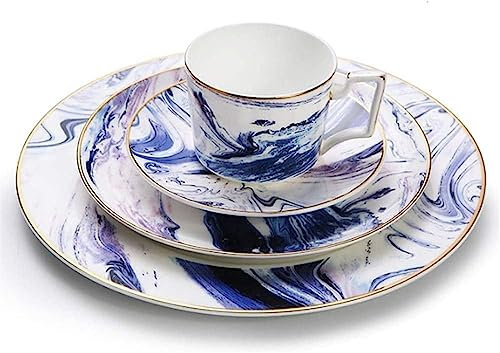 DLUXCA Service de Table élégant for Restaurant de Luxe et Maison Service de Vaisselle en Porcelaine Fine Bone China Service for 1 Ensembles de Vaisselle de Luxe Blanc Bleu