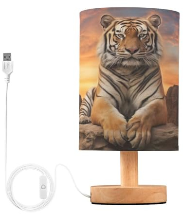 JUMBEAR Fierce Tiger Nachttischlampe mit USB-Anschluss, Nachttischlampe mit Lampenschirm aus Flachsstoff, für Wohnzimmer, Wohnheim, Heimbüro (LED-Lampe im Lieferumfang enthalten)