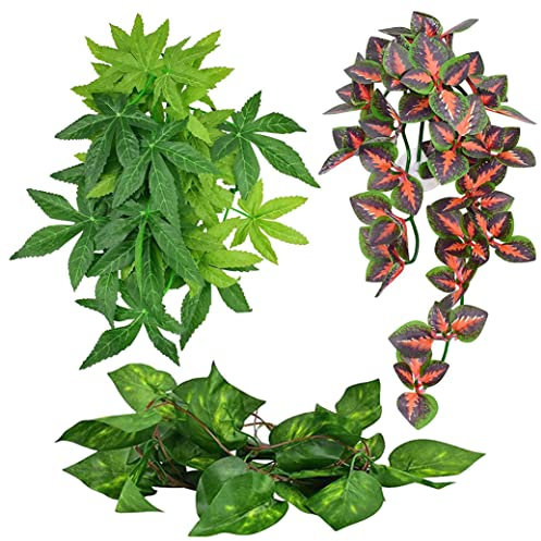 Reptile Plastic Plants Fish Tank Plants Artificial Aquarium Hanging Fake Green Leaves with Sucker Tortoise Plants for Enclosure Reptile Accessories 3PCS