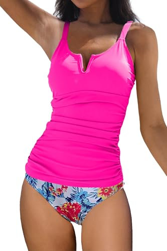 Beachsissi Costume da bagno da donna con design volant, controllo della pancia, due pezzi, stampa floreale, scollo a V, set tankini, rosso rose, XL