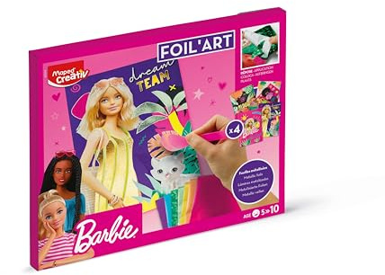 Maped CREATIV - Kreativ-Set FOIL ART - BARBIE - Foil'art Aktivität für Kinder - 4 Barbie-Karten, die mit 8 Metallfolien verziert werden können - ab 5 Jahren