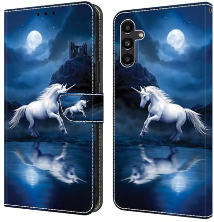 Bnvdfre Handyhülle für Samsung Galaxy A15 Klapphülle PU Leder Hülle Magnet Stoßfeste Kartenfach Klappbar Schutzhülle Silikon Case Cover mit Muster Motiv Flip Handytasche - Einhorn