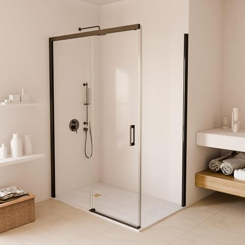 SOULBATH Mampara Angular corredera + Fijo + Lateral Fijo, sin Perfil Inferior, Fácil instalación Vidrio de Seguridad 6mm antical, 117,5-120cm Ancho x Fijo 67,5-70cm H=195cm, Negro Mate