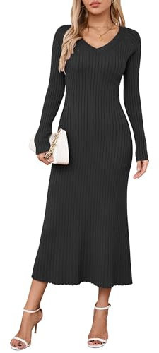 Arach&Cloz Jumper Dress for Women UK Winter Knitted Dresses Bodycon Fishtail V Neck Long Dresses Maxi Sweater (Black,L)