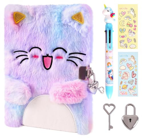 Cat Diary for Girls with Lock and Keys,Fluffy Secret Notebook for Writing and Drawing,Plush Journal for Girls with 160 Lined Pages Multicolored Pen Stickers,Birthday Gift for Kids Ages 4-12