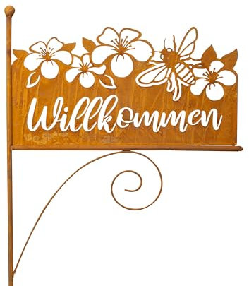 Gartenschild Gartenstab mit Schild Willkommen aus Metall Rostfarben Höhe 119 cm Breite 42 cm
