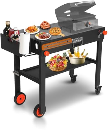 Rollbarer Grillwagen mit Gewürzregal, Blackstone Ständer für 43,2 cm und 55,9 cm Grillplatte, Grillständer mit Ablage, Grilltisch für Ninja, Weber, tragbarer Grilltisch für Terrasse, Hinterhof,